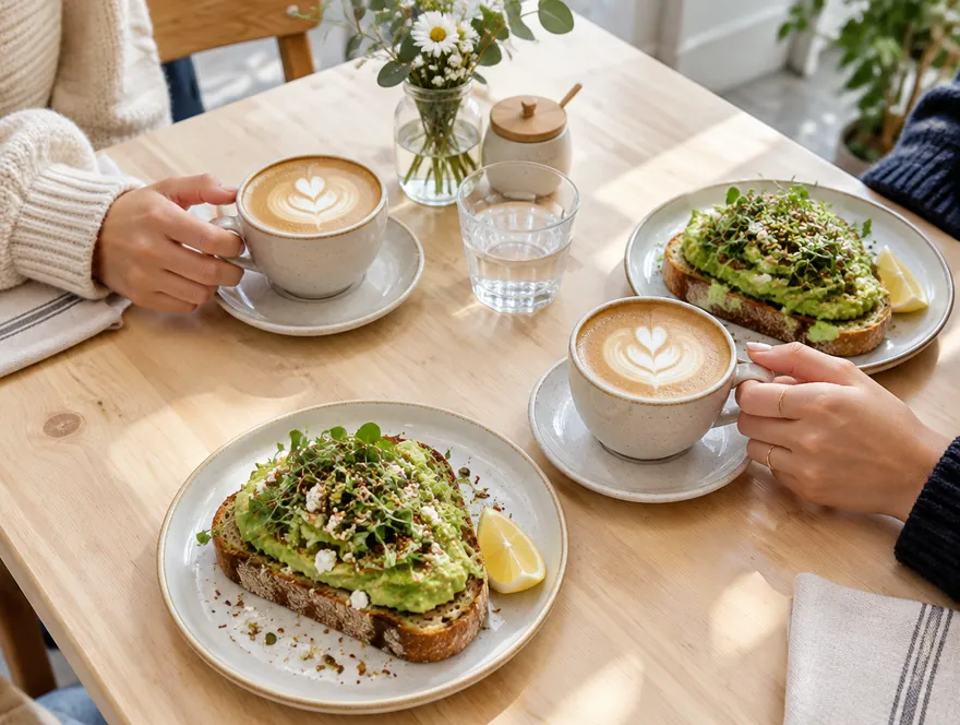 Mesa de brunch con tostadas y dos cafés